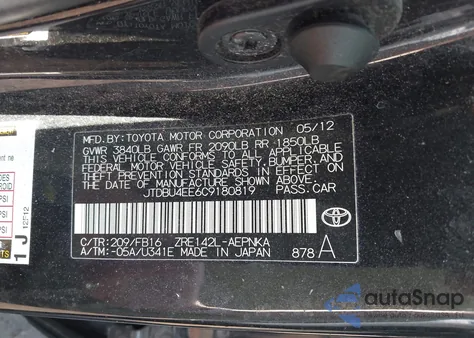 2012 Toyota Corolla S/Le из США, поврежденный, VIN JTDBU4EE6C9180819